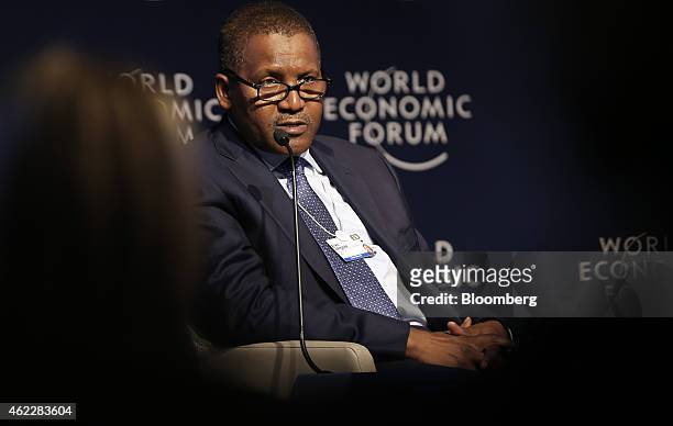 Aliko Dangote, billionaire and chief executive officer of Dangote Group, speaks during a session on day two of the World Economic Forum in Davos,...