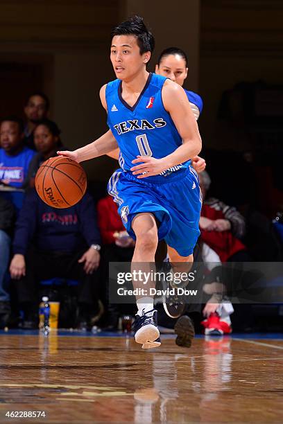 Yuki Togashi of the Texas Legends dribbles the ball against the Westchester Knicks at the Westchester County Center on January 24, 2015 in...