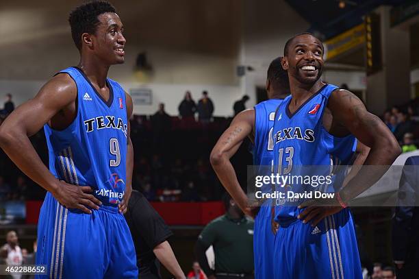 Mike James of the Texas Legends smiles with teammates during the game against the Westchester Knicks at the Westchester County Center on January 24,...