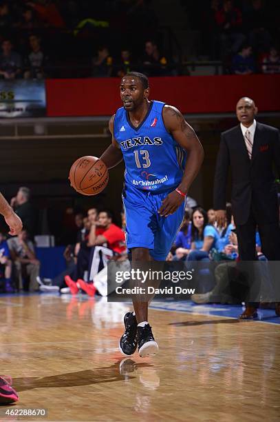 Mike James of the Texas Legends dribbles the ball against the Westchester Knicks at the Westchester County Center on January 24, 2015 in Westchester,...