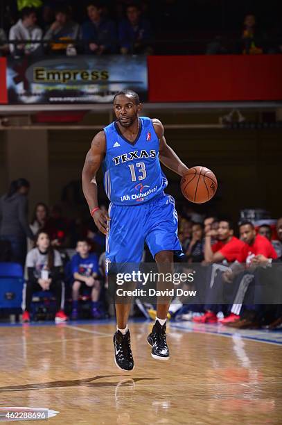 Mike James of the Texas Legends dribbles the ball against the Westchester Knicks at the Westchester County Center on January 24, 2015 in Westchester,...