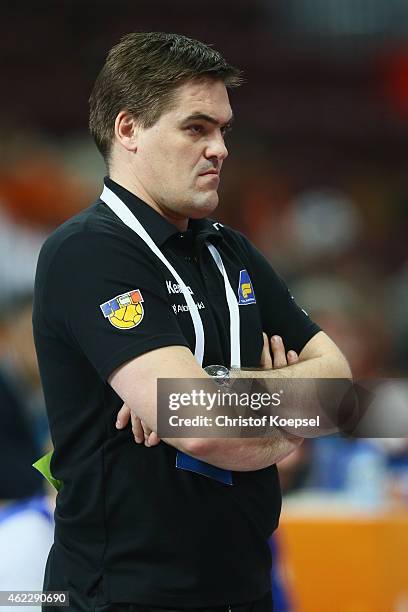 Head coach Aron Kristjansson of Iceland looks dejected during the eight final match between Iceland and Denmark at Lusail Multipurpose Hall on...