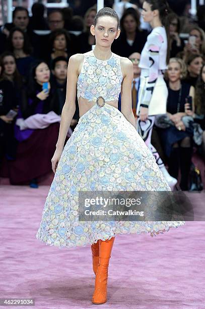 Model walks the runway at the Christian Dior Spring Summer 2015 fashion show during Paris Haute Couture Fashion Week on January 26, 2015 in Paris,...