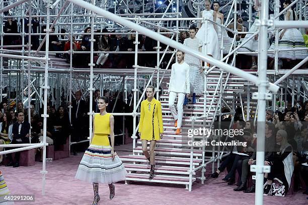 Model walks the runway at the Christian Dior Spring Summer 2015 fashion show during Paris Haute Couture Fashion Week on January 26, 2015 in Paris,...