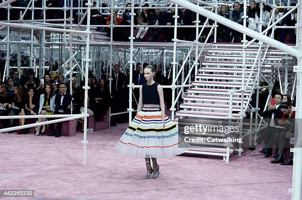 Model walks the runway at the Christian Dior Spring Summer 2015 fashion show during Paris Haute Couture Fashion Week on January 26, 2015 in Paris,...