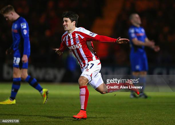 Bojan Krkic of Stoke City celebrates scoring the opening goal during the FA Cup fourth round match between Rochdale and Stoke City at Spotland...