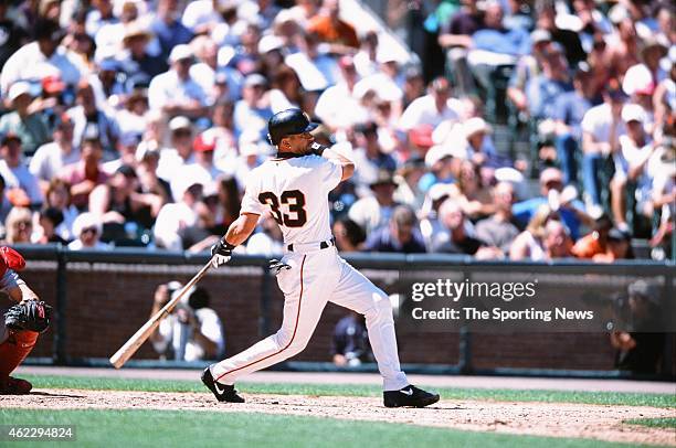 Benito Santiago of the San Francisco Giants bats during a game against the St. Louis Cardinals on July 1, 2001 in San Francisco, California.