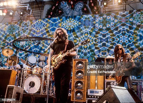 Jerry Garcia and guest John Cipollina perform with the Grateful Dead at the Greek Theater in May, 1983 in Berkeley, California.