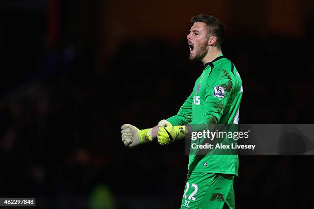 Jack Butland of Stoke City celebrates their second goal during the FA Cup fourth round match between Rochdale and Stoke City at Spotland Stadium on...