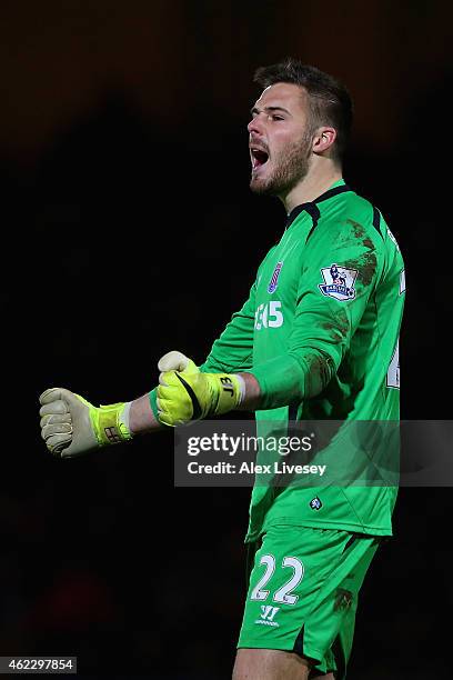 Jack Butland of Stoke City celebrates their second goal during the FA Cup fourth round match between Rochdale and Stoke City at Spotland Stadium on...