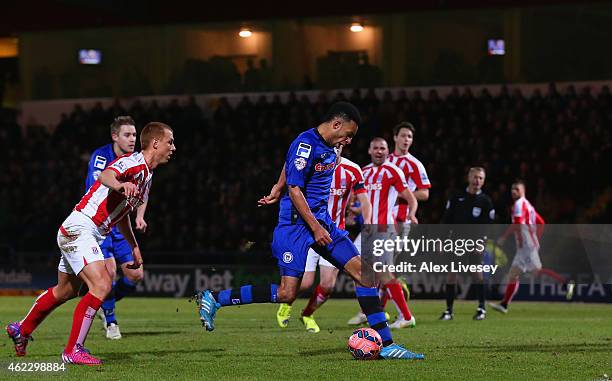 Rhys Bennett of Rochdale scores their first goal during the FA Cup fourth round match between Rochdale and Stoke City at Spotland Stadium on January...