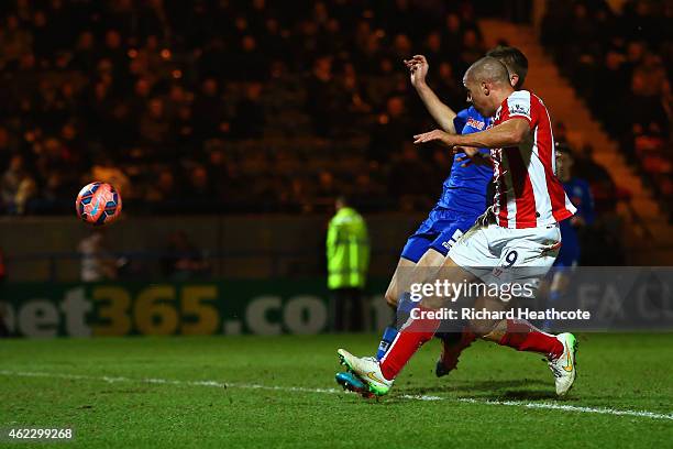 Jonathan Walters of Stoke City scores their fourth goal during the FA Cup fourth round match between Rochdale and Stoke City at Spotland Stadium on...