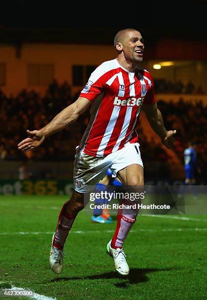 Jonathan Walters of Stoke City celebrates after scoring their fourth goal during the FA Cup fourth round match between Rochdale and Stoke City at...