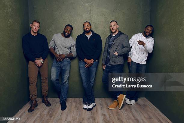 Players AJ Edds, Stevenson Sylvester, Derek Shelby, Trevor Reilly, Robert Johnson of "In Football We Trust" pose for a portrait at the Village at the...