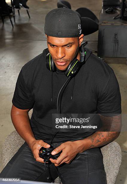 Football star Julius Thomas plays Call of Duty: Advanced Warfare at Microsoft Loft on January 26, 2015 in San Francisco, California.