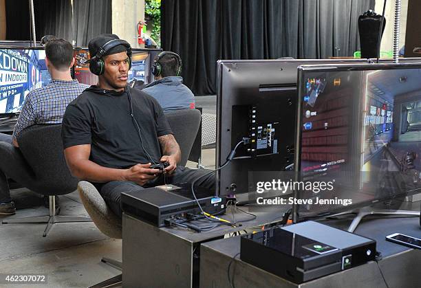 Football star Julius Thomas plays Call of Duty: Advanced Warfare at Microsoft Loft on January 26, 2015 in San Francisco, California.