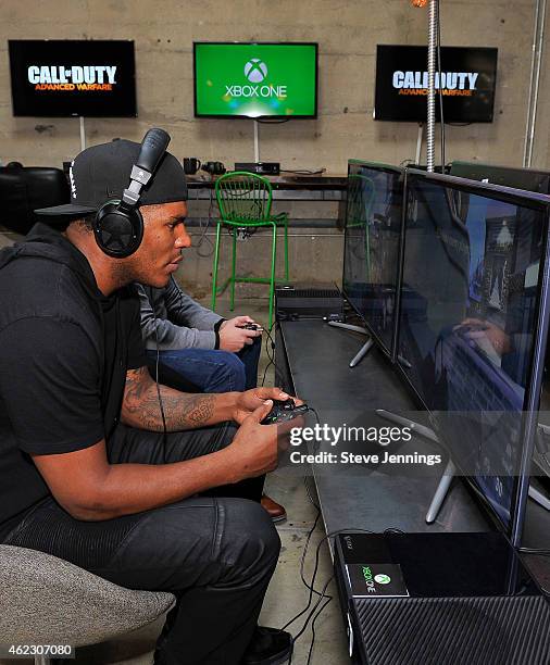 Football star Julius Thomas plays Call of Duty: Advanced Warfare at Microsoft Loft on January 26, 2015 in San Francisco, California.