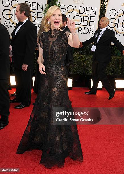 Cate Blanchett arrives at the 71st Annual Golden Globe Awards at The Beverly Hilton Hotel on January 12, 2014 in Beverly Hills, California.