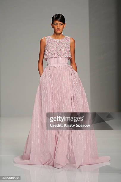 Model walks the runway during the Georges Hobeika show as part of Paris Fashion Week Haute Couture Spring/Summer 2015 on January 26, 2015 in Paris,...