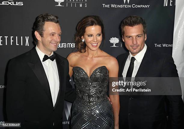 Actors Michael Sheen, Kate Beckinsale, and director Len Wiseman attend The Weinstein Company & Netflix's 2014 Golden Globes After Party presented by...