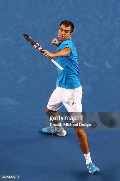 Jerzy Janowicz of Poland celebrates winning his first round match against Jordan Thompson of Australia during day one of the 2014 Australian Open at...