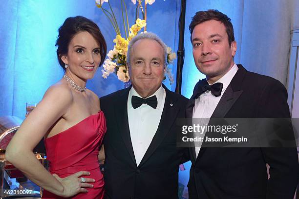 Actor Tina Fey, producer Lorne Michaels, and actor Jimmy Fallon attend the Universal, NBC, Focus Features, E! sponsored by Chrysler viewing and after...