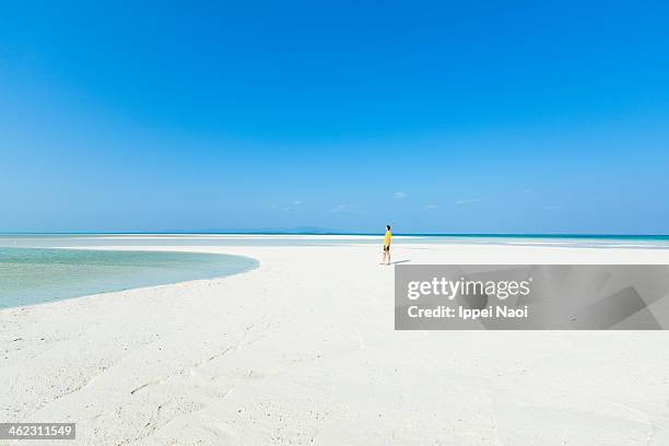 man on white sandy tropical beach on coral cay - white sand stock pictures, royalty-free photos & images