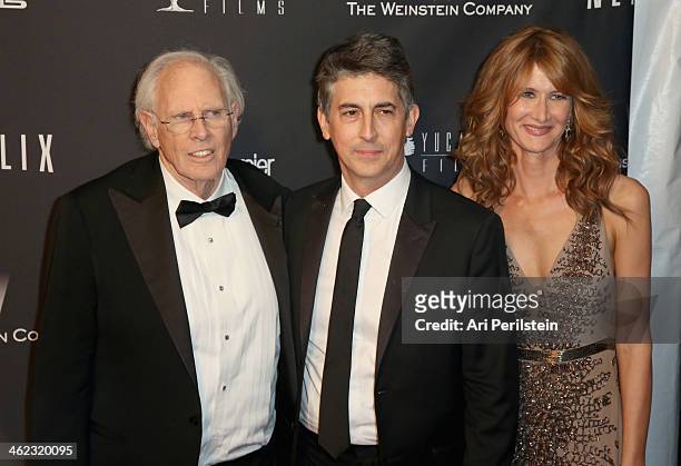 Actor Bruce Dern, director Alexander Payne, and actress Laura Dern attens The Weinstein Company & Netflix's 2014 Golden Globes After Party presented...