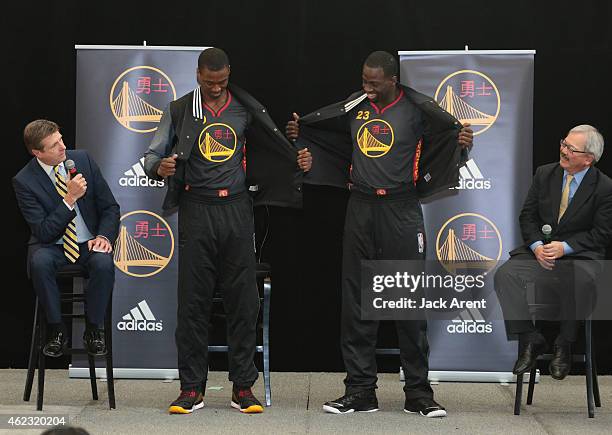 President and Chief Operating Officer Rick Welts, Harrison Barnes and Draymond Green of the Golden State Warriors and San Francisco Mayor Ed Lee...