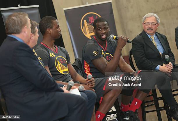 President and Chief Operating Officer Rick Welts, Harrison Barnes and Draymond Green of the Golden State Warriors and San Francisco Mayor Ed Lee...
