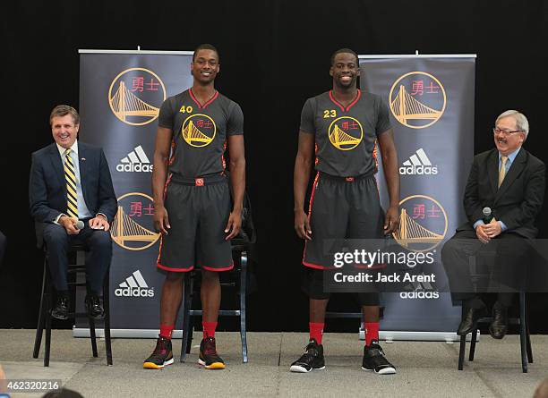 President and Chief Operating Officer Rick Welts, Harrison Barnes and Draymond Green of the Golden State Warriors and San Francisco Mayor Ed Lee...