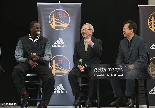 Draymond Green of the Golden State Warriors and San Francisco Mayor, Ed Lee unveil an industry first Chinese New Year announcement at a press...