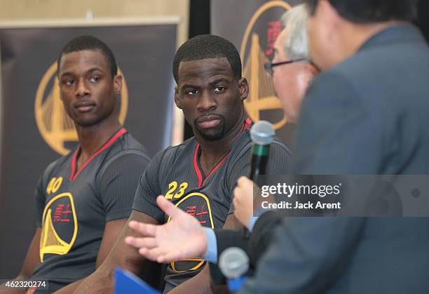 Harrison Barnes and Draymond Green of the Golden State Warriors and San Francisco Mayor Ed Lee unveil an industry first Chinese New Year announcement...