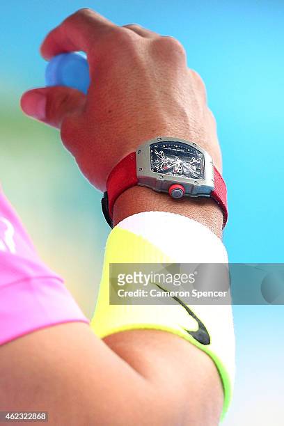 Details of the watch worn by Rafael Nadal of Spain in his quarterfinal match against Tomas Berdych of the Czech Republic during day nine of the 2015...