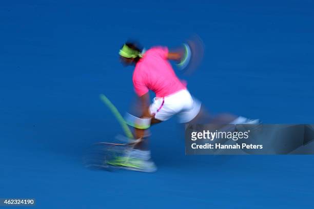 Rafael Nadal of Spain plays a forehand in his quarterfinal match against Tomas Berdych of the Czech Republic during day nine of the 2015 Australian...
