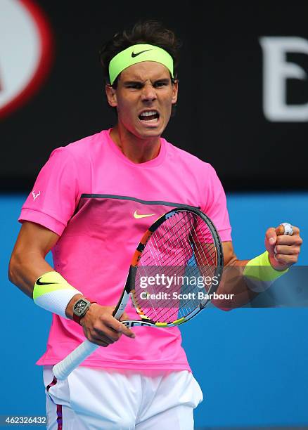 Rafael Nadal of Spain reacts in his quarterfinal match against Tomas Berdych of the Czech Republic during day nine of the 2015 Australian Open at...