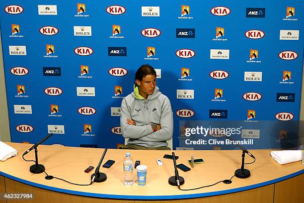 Rafael Nadal of Spain speaks to reporters after losing his quarterfinal match against Tomas Berdych of the Czech Republic during day nine of the 2015...