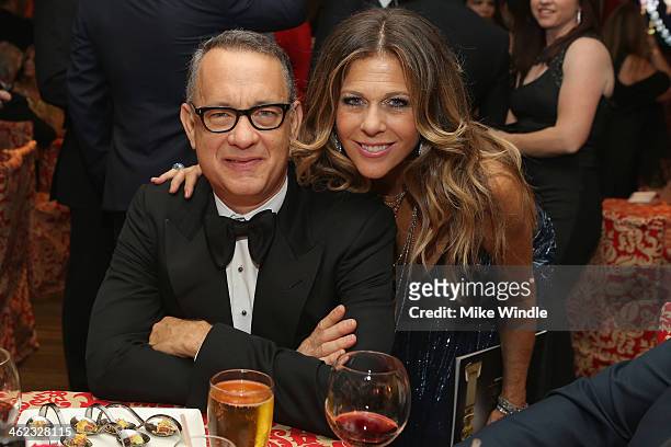 Actors Tom Hanks and Rita Wilson attend HBO's Post 2014 Golden Globe Awards Party at Circa 55 Restaurant on January 12, 2014 in Los Angeles,...
