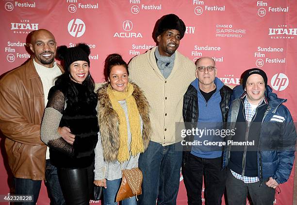 Julian Peterson, Aimee Peterson, Erika Webber, Chris Webber, Peter Gilbert and Eddie Linker attend "Digging For Fire" premiere during the 2015...