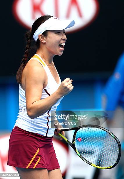 Jie Zheng of China celebrates after winning the match against Klaudia Jans-Ignacik of Poland and Andreja Klepac of Slovenia during Women's Doubles...