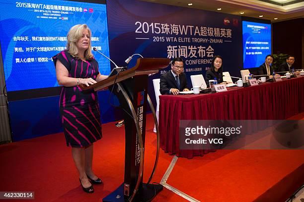 Stacey Allaster, WTA Chairman & CEO, speaks at the 2015 WTA Elite Trophy - Zhuhai press conference on January 27, 2015 in Zhuhai, Guangdong province...