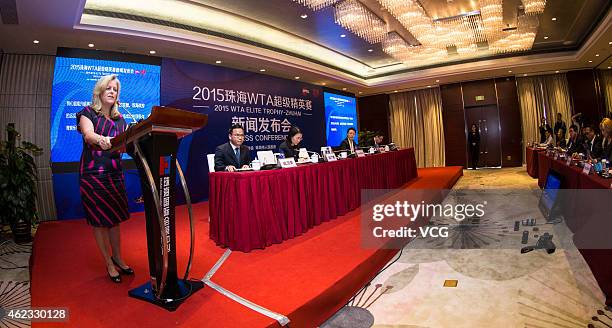 Stacey Allaster, WTA Chairman & CEO, speaks at the 2015 WTA Elite Trophy - Zhuhai press conference on January 27, 2015 in Zhuhai, Guangdong province...