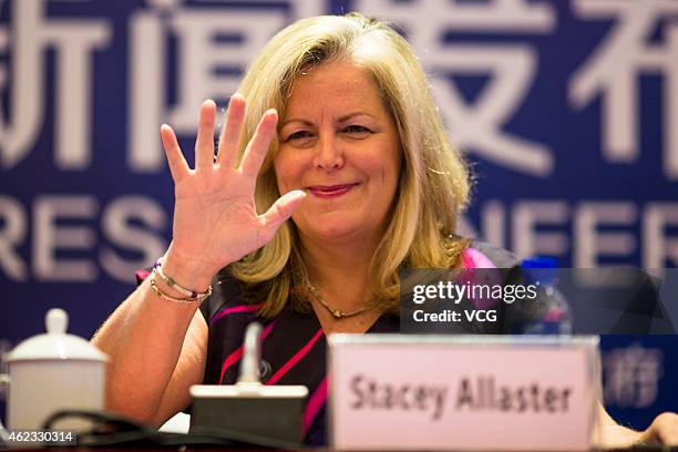 Stacey Allaster, WTA Chairman & CEO, gestures during the 2015 WTA Elite Trophy - Zhuhai press conference on January 27, 2015 in Zhuhai, Guangdong...