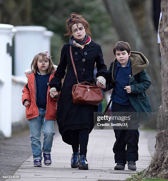 Helena Bonham Carter sighted with her children in North london on January 26, 2015 in London, England.