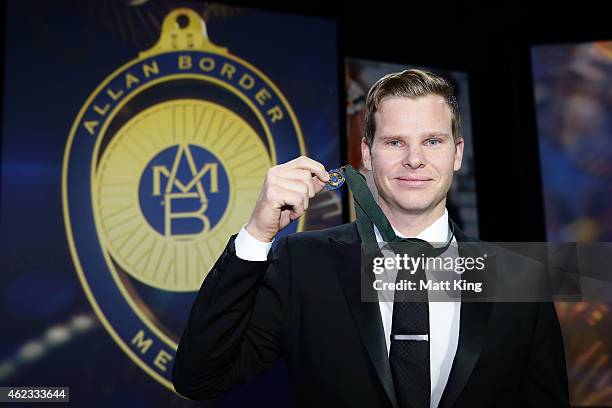 Steve Smith of Australia poses after winning the Allan Border Medal during the 2015 Allan Border Medal at Carriageworks on January 27, 2015 in...