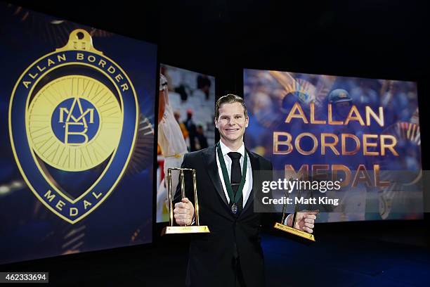 Steve Smith of Australia poses after winning the Allan Border Medal and the Test and One Day International player of the year awards during the 2015...