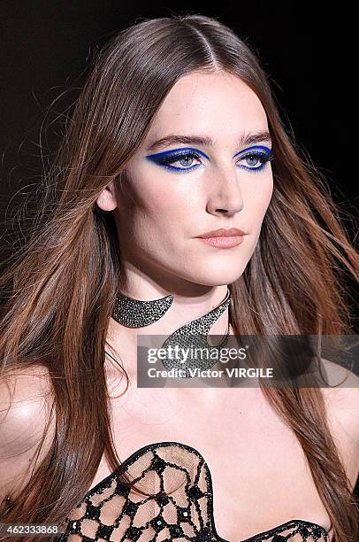 Josephine Le Tutour walks the runway during the Versace show as part of Paris Fashion Week Haute Couture Spring/Summer 2015 on January 25, 2015 in...