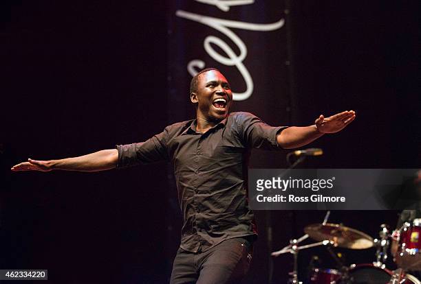 Aliou Toure of Songhoy Blues performs on stage at Celtic Connections Festival at Glasgow Royal Concert Hall on January 24, 2015 in Glasgow, United...