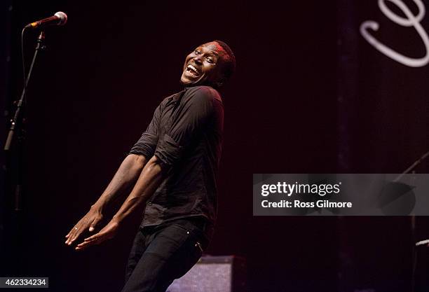 Aliou Toure of Songhoy Blues performs on stage at Celtic Connections Festival at Glasgow Royal Concert Hall on January 24, 2015 in Glasgow, United...