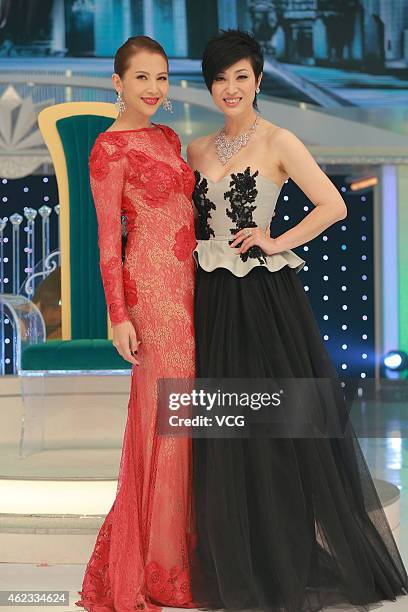 Actress Ada Choi and actress Monica Chan attends the final of Miss Chinese International Pageant 2015 on January 25, 2015 in Hong Kong, China.